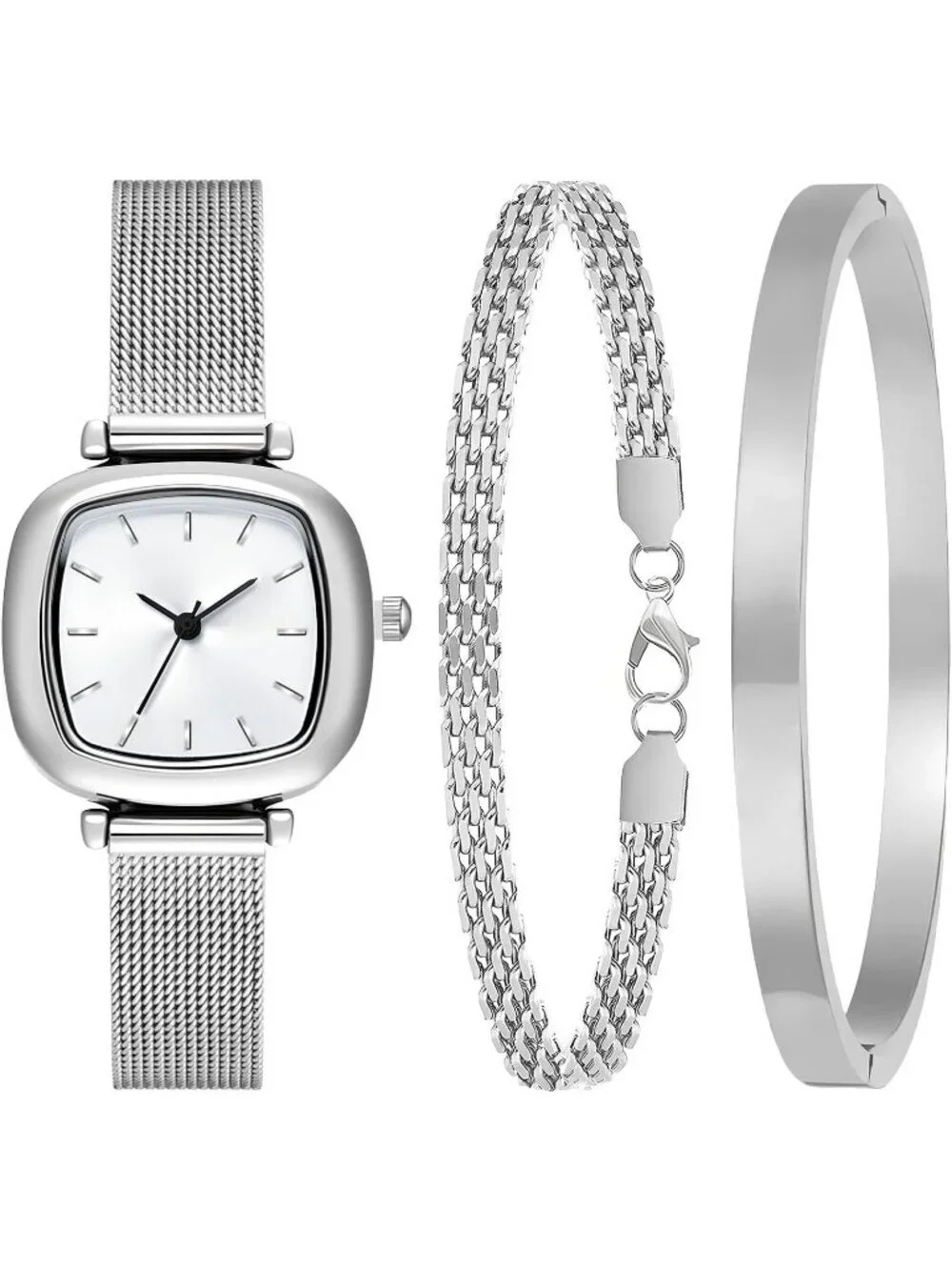 Women Silver Jewelry Stainless Steel Diamond Bangle Bracelets Set Square Watch